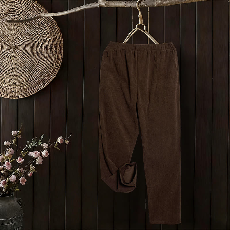 Spodnie damskie sztruksowe w jednolitym kolorze z kieszeniami Buddha Stones Commute - image 1