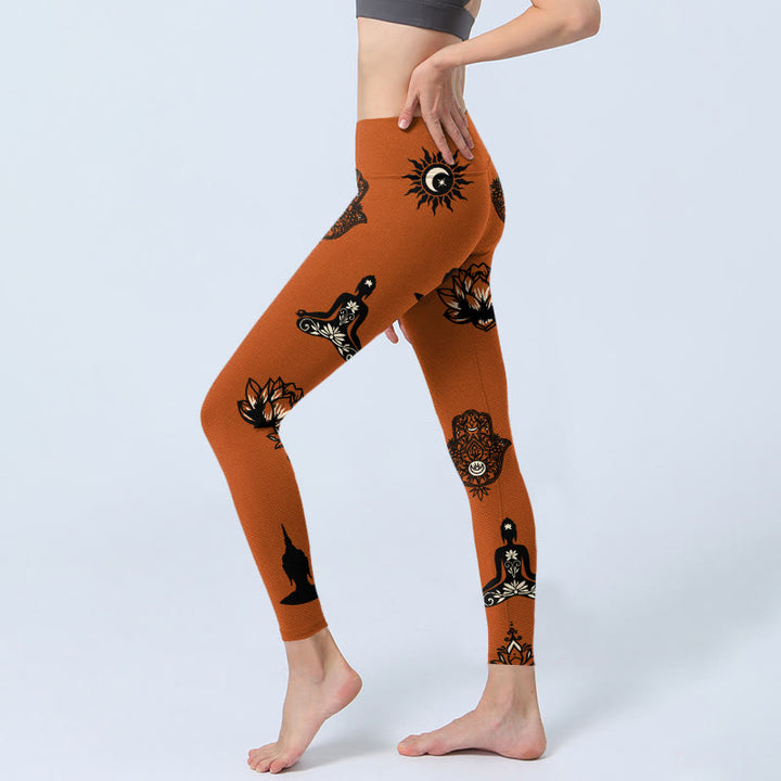Buddha Stones Damskie legginsy do jogi z motywem dłoni lotosu i słońca - image 2