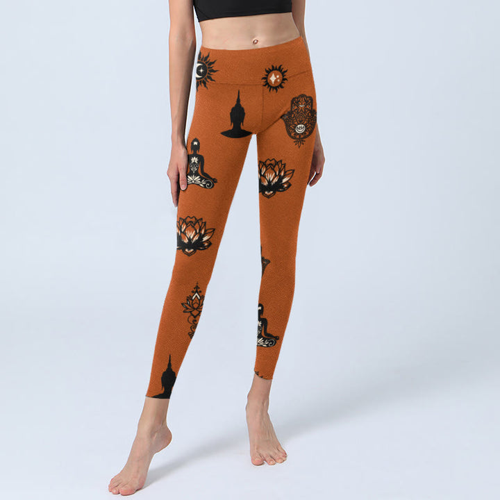 Buddha Stones Damskie legginsy do jogi z motywem dłoni lotosu i słońca - image 5