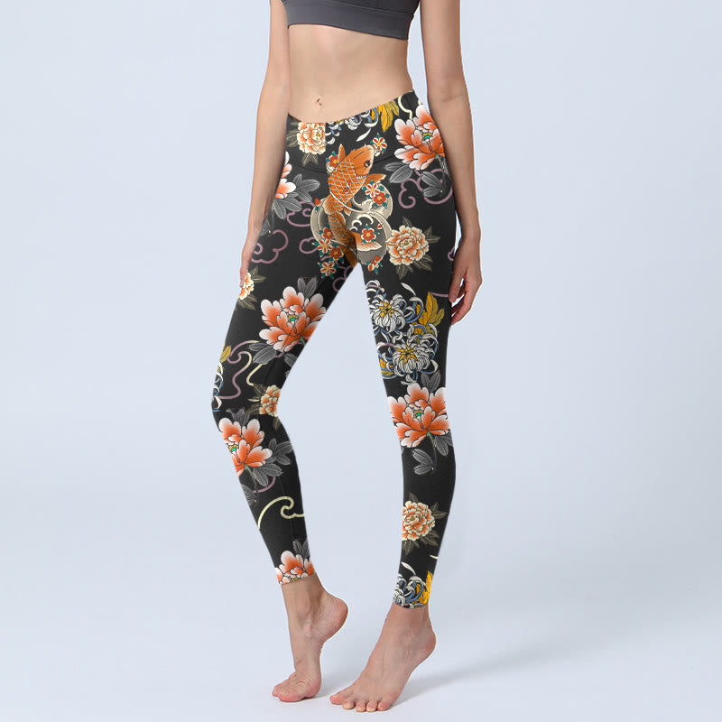 Buddha Stones Damskie legginsy do jogi z nadrukiem w kwiaty, piwonie i chryzantemy, wzór z motywem rybki koi i chmur - Czarny - US18, UK/AU22, EU50 (4XL) - image 0