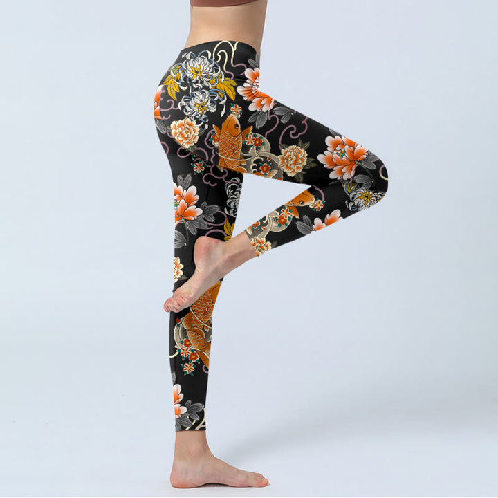 Buddha Stones Damskie legginsy do jogi z nadrukiem w kwiaty, piwonie i chryzantemy, wzór z motywem rybki koi i chmur - image 3