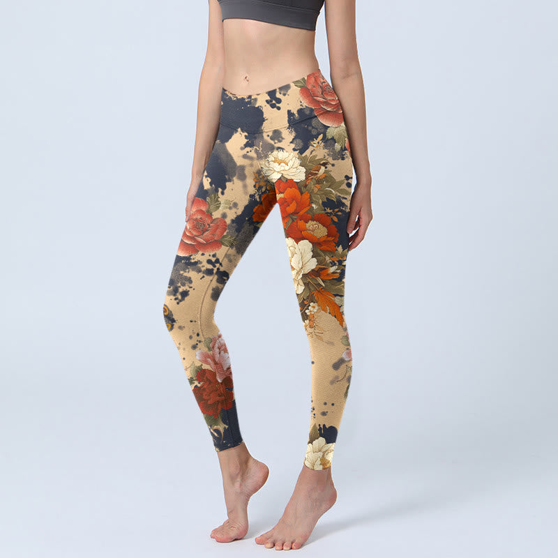Buddha Stones Legginsy do jogi damskie z nadrukiem w stylu malowania tuszem, piwonia, chryzantemy - Pszenica - US18, UK/AU22, EU50 (4XL) - image 0