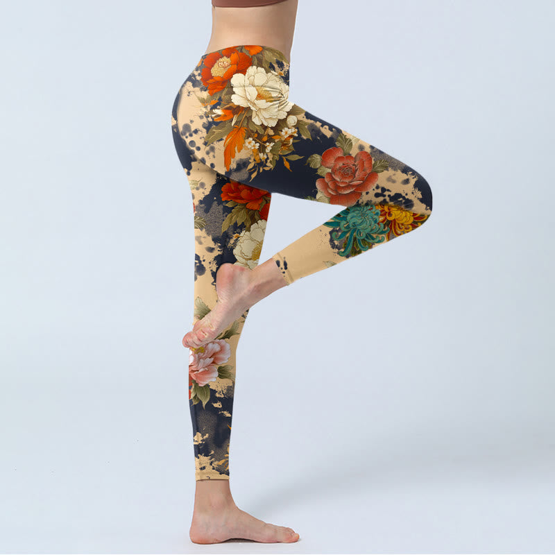 Buddha Stones Legginsy do jogi damskie z nadrukiem w stylu malowania tuszem, piwonia, chryzantemy - image 3