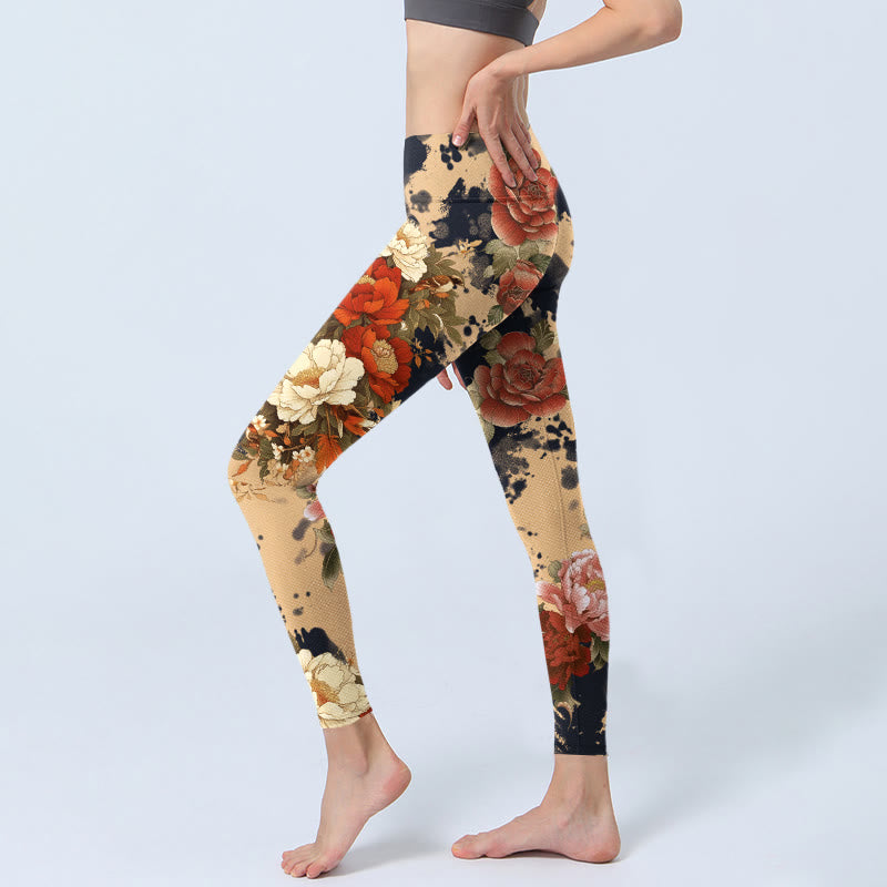 Buddha Stones Legginsy do jogi damskie z nadrukiem w stylu malowania tuszem, piwonia, chryzantemy - image 2