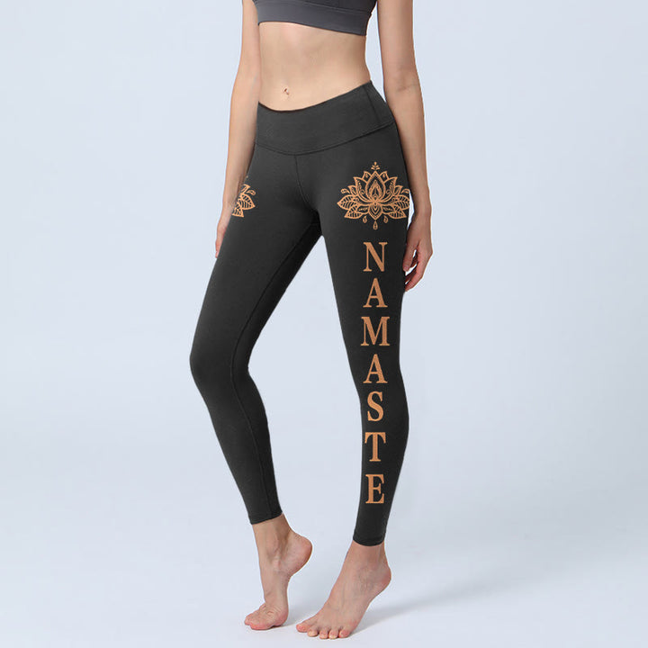 Buddha Stones Namaste Lotus Shape Gym Leggings damskie spodnie do jogi - Czarny - US18, UK/AU22, EU50 (4XL) - image 0