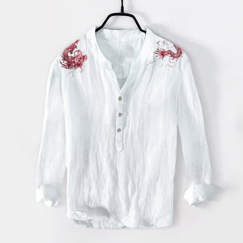 Koszula męska z długim rękawem z bawełny i lnu z motywem czerwonych smoków i Buddha Stones - Biały - US/UK/AU50, EU60 (5XL) - image 3