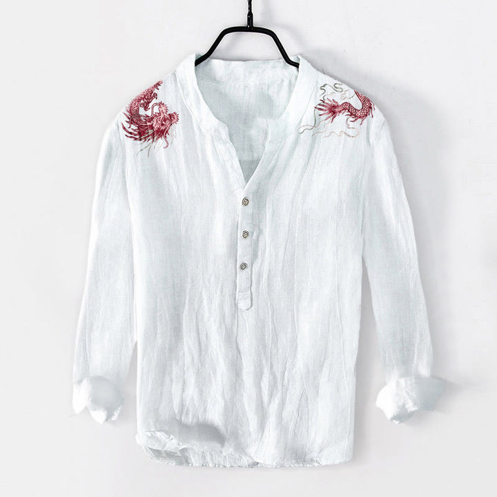 Koszula męska z długim rękawem z bawełny i lnu z motywem czerwonych smoków i Buddha Stones - Biały - US/UK/AU50, EU60 (5XL) - image 3