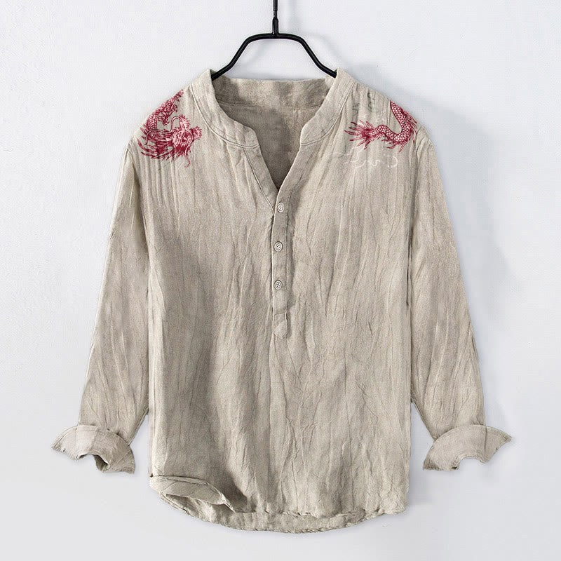 Koszula męska z długim rękawem z bawełny i lnu z motywem czerwonych smoków i Buddha Stones - Bielizna - US/UK/AU50, EU60 (5XL) - image 6