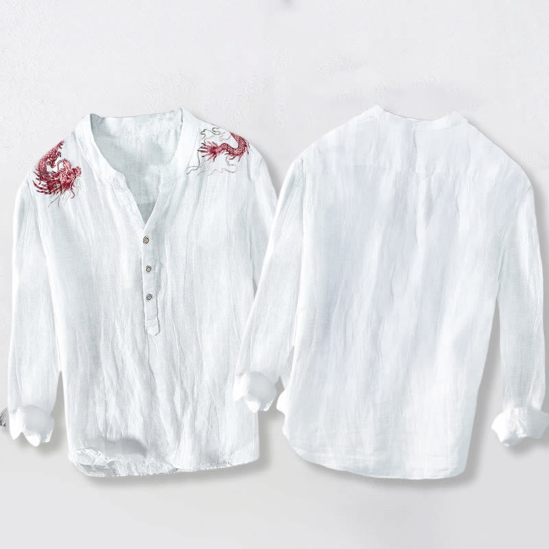 Koszula męska z długim rękawem z bawełny i lnu z motywem czerwonych smoków i Buddha Stones - image 5