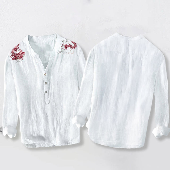 Koszula męska z długim rękawem z bawełny i lnu z motywem czerwonych smoków i Buddha Stones - image 5