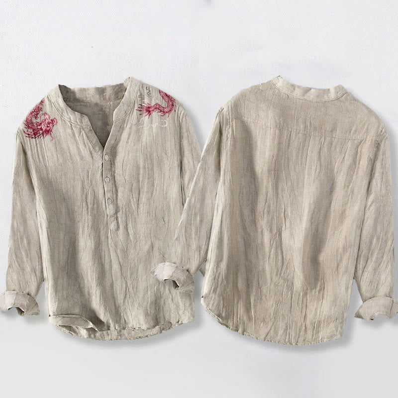 Koszula męska z długim rękawem z bawełny i lnu z motywem czerwonych smoków i Buddha Stones - image 8