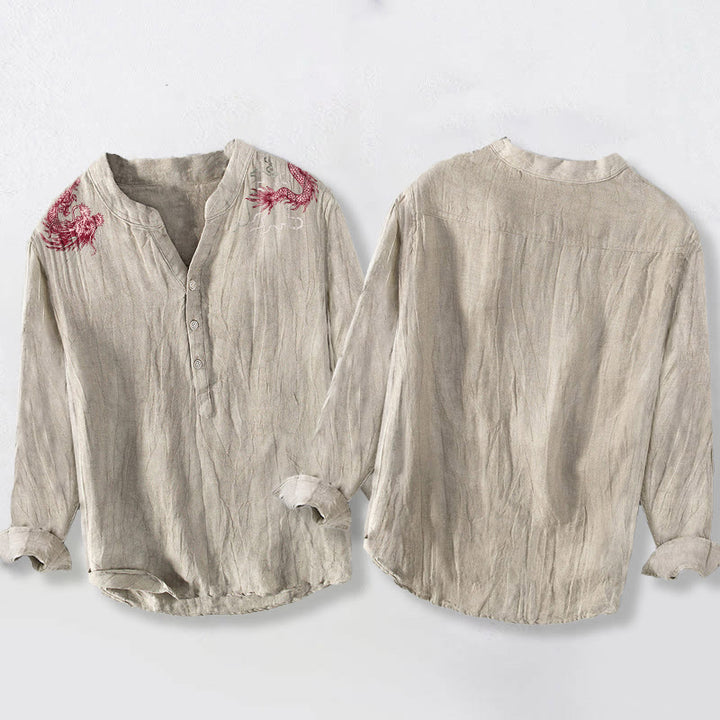 Koszula męska z długim rękawem z bawełny i lnu z motywem czerwonych smoków i Buddha Stones - image 8