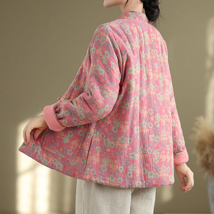 Kurtka zimowa damska z długim rękawem i kieszeniami, gruba bawełna z motywem kwiatowym, z motywem Buddha Stones - image 8