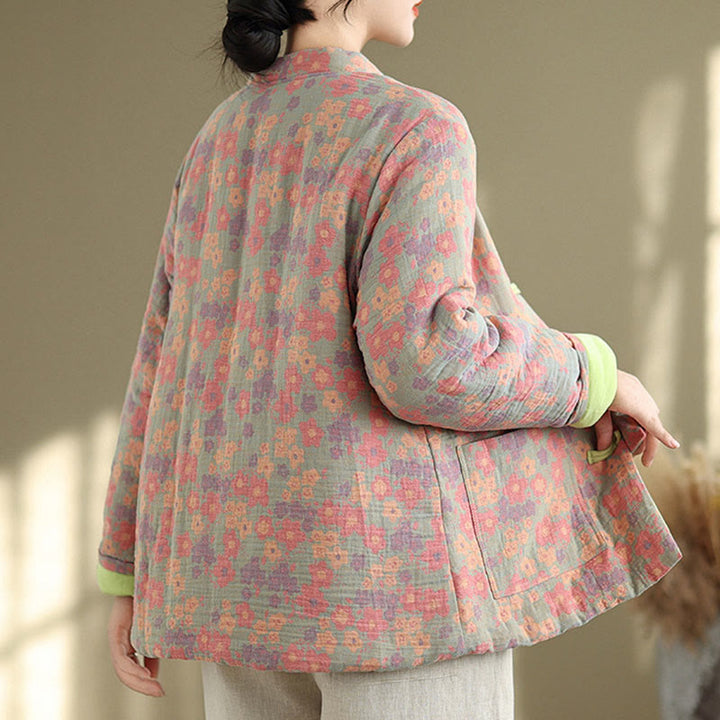 Kurtka zimowa damska z długim rękawem i kieszeniami, gruba bawełna z motywem kwiatowym, z motywem Buddha Stones - image 5