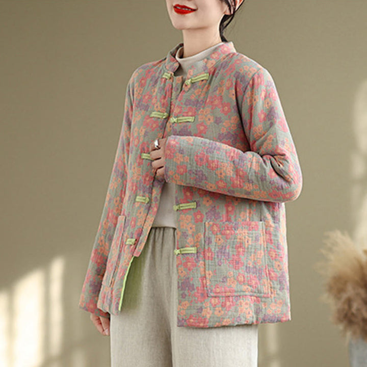 Kurtka zimowa damska z długim rękawem i kieszeniami, gruba bawełna z motywem kwiatowym, z motywem Buddha Stones - image 3