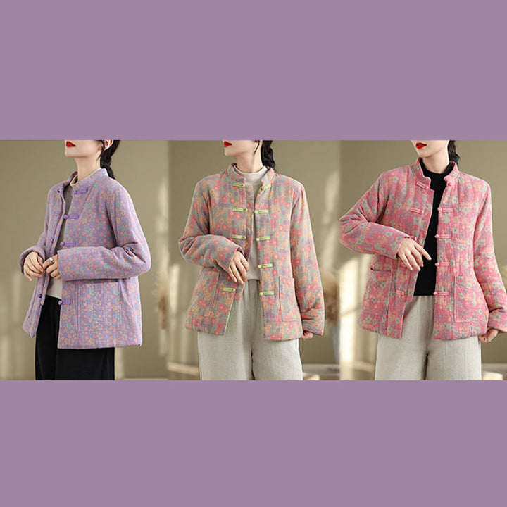 Kurtka zimowa damska z długim rękawem i kieszeniami, gruba bawełna z motywem kwiatowym, z motywem Buddha Stones - image 27