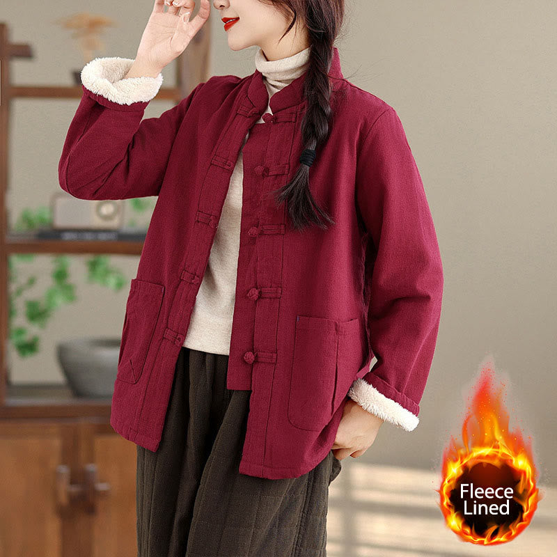 Kurtka termiczna damska Buddha Stones z długim rękawem, bawełnianym ociepleniem i kieszeniami, zapinana na guziki - Ciemnoczerwony - US14, UK/AU18, EU46 (2XL) - image 0