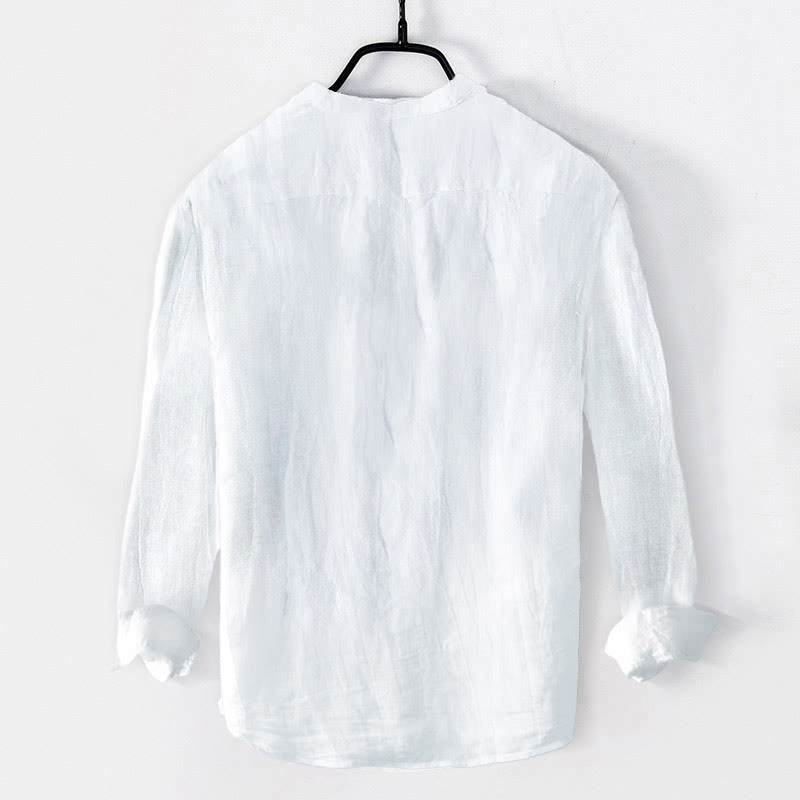 Koszula męska z długim rękawem z bawełny i lnu z motywem kwiatów śliwy i Buddha Stones, składana, zapinana na pół guziki - image 7