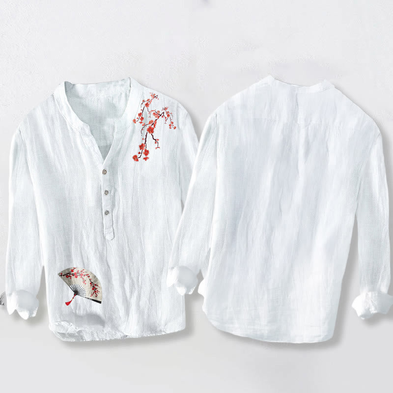 Koszula męska z długim rękawem z bawełny i lnu z motywem kwiatów śliwy i Buddha Stones, składana, zapinana na pół guziki - image 8