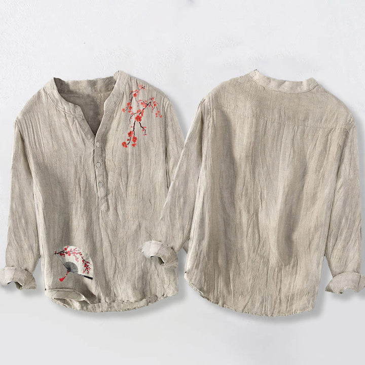 Koszula męska z długim rękawem z bawełny i lnu z motywem kwiatów śliwy i Buddha Stones, składana, zapinana na pół guziki - image 2