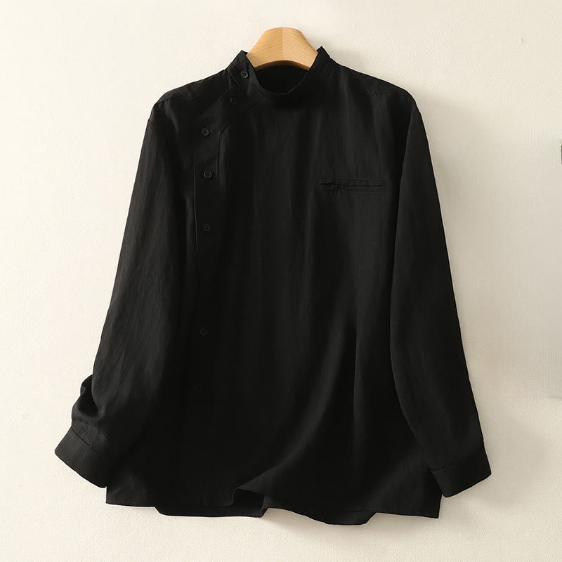 Koszula damska z długim rękawem z bawełny w prostym wzorze z kołnierzykiem w kształcie żaby z Buddha Stones - Czarny - US8-10，UK/AU12-14，EU40-42 (2XL) - image 11