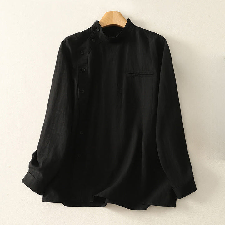 Koszula damska z długim rękawem z bawełny w prostym wzorze z kołnierzykiem w kształcie żaby z Buddha Stones - Czarny - US8-10，UK/AU12-14，EU40-42 (2XL) - image 11