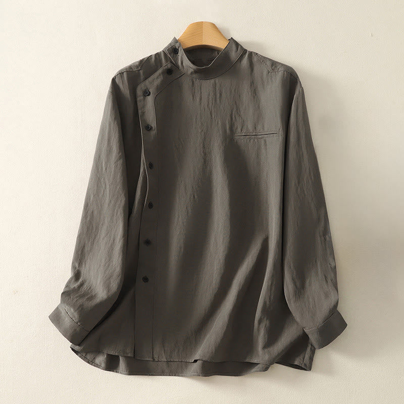 Koszula damska z długim rękawem z bawełny w prostym wzorze z kołnierzykiem w kształcie żaby z Buddha Stones - DimGray - US8-10，UK/AU12-14，EU40-42 (2XL) - image 0