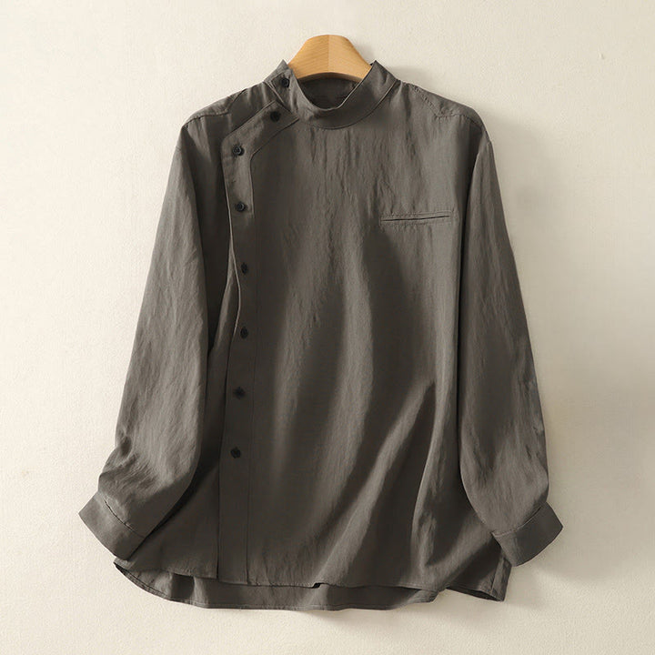 Koszula damska z długim rękawem z bawełny w prostym wzorze z kołnierzykiem w kształcie żaby z Buddha Stones - DimGray - US8-10，UK/AU12-14，EU40-42 (2XL) - image 0