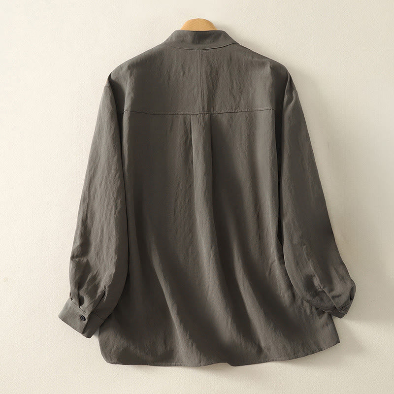 Koszula damska z długim rękawem z bawełny w prostym wzorze z kołnierzykiem w kształcie żaby z Buddha Stones - image 1