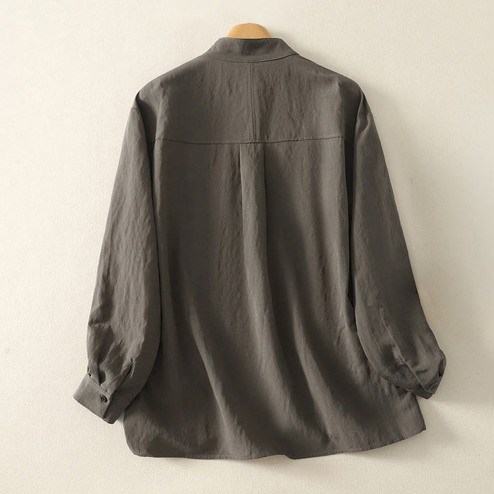 Koszula damska z długim rękawem z bawełny w prostym wzorze z kołnierzykiem w kształcie żaby z Buddha Stones - image 1