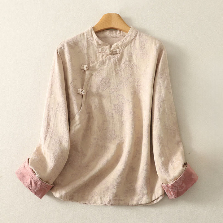 Koszula damska z długim rękawem z bawełny Zen w stylu „Buddha Stones Spring” z gładkim wzorem żakardowym - Blanszowany migdał - US8-10，UK/AU12-14，EU40-42 (2XL) - image 5