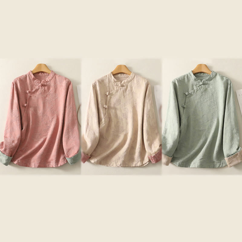 Koszula damska z długim rękawem z bawełny Zen w stylu „Buddha Stones Spring” z gładkim wzorem żakardowym - image 23