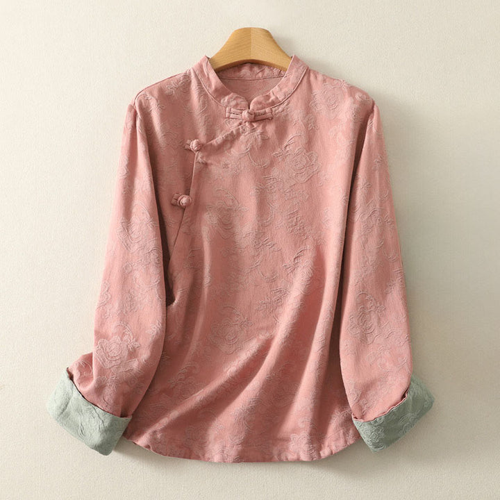 Koszula damska z długim rękawem z bawełny Zen w stylu „Buddha Stones Spring” z gładkim wzorem żakardowym - DarkSalmon - US8-10，UK/AU12-14，EU40-42 (2XL) - image 10