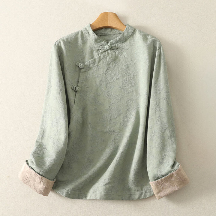 Koszula damska z długim rękawem z bawełny Zen w stylu „Buddha Stones Spring” z gładkim wzorem żakardowym - PaleGreen - US8-10，UK/AU12-14，EU40-42 (2XL) - image 0
