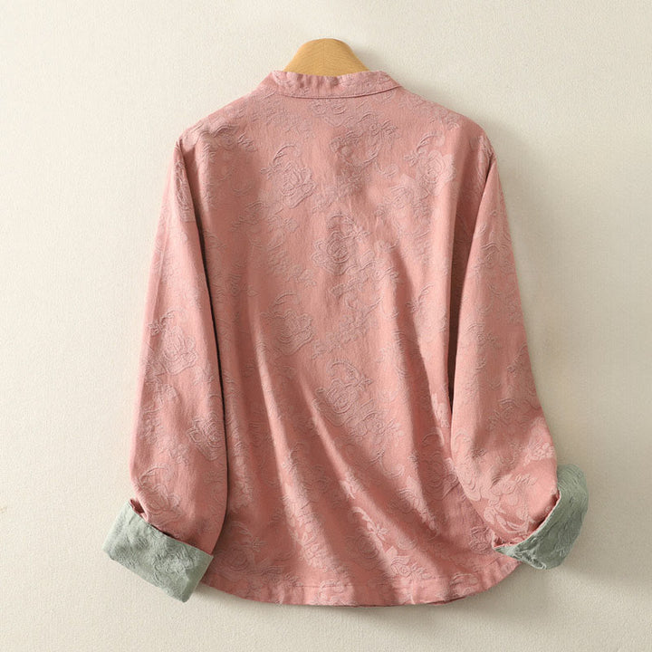 Koszula damska z długim rękawem z bawełny Zen w stylu „Buddha Stones Spring” z gładkim wzorem żakardowym - image 11