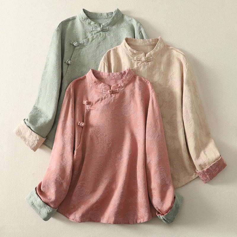 Koszula damska z długim rękawem z bawełny Zen w stylu „Buddha Stones Spring” z gładkim wzorem żakardowym - image 22