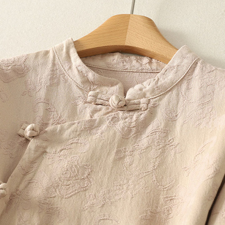 Koszula damska z długim rękawem z bawełny Zen w stylu „Buddha Stones Spring” z gładkim wzorem żakardowym - image 6