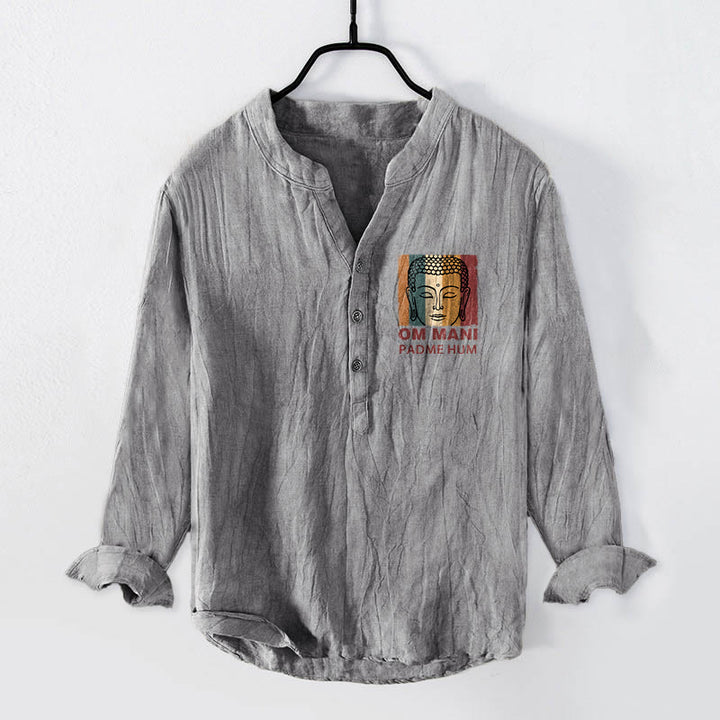 Koszula męska z długim rękawem z bawełny i lnu z motywem Buddy, z półguzikami i Buddha Stones - Szary - US/UK/AU50, EU60 (5XL) - image 3