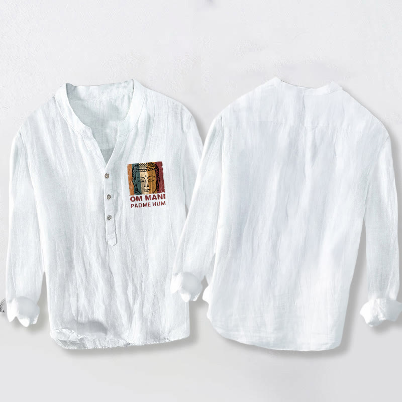 Koszula męska z długim rękawem z bawełny i lnu z motywem Buddy, z półguzikami i Buddha Stones - image 8