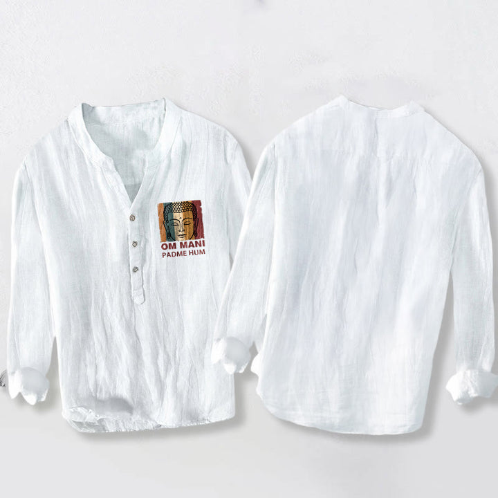 Koszula męska z długim rękawem z bawełny i lnu z motywem Buddy, z półguzikami i Buddha Stones - image 8