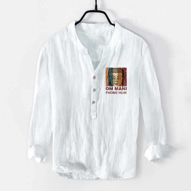Koszula męska z długim rękawem z bawełny i lnu z motywem Buddy, z półguzikami i Buddha Stones - Biały - US/UK/AU50, EU60 (5XL) - image 6