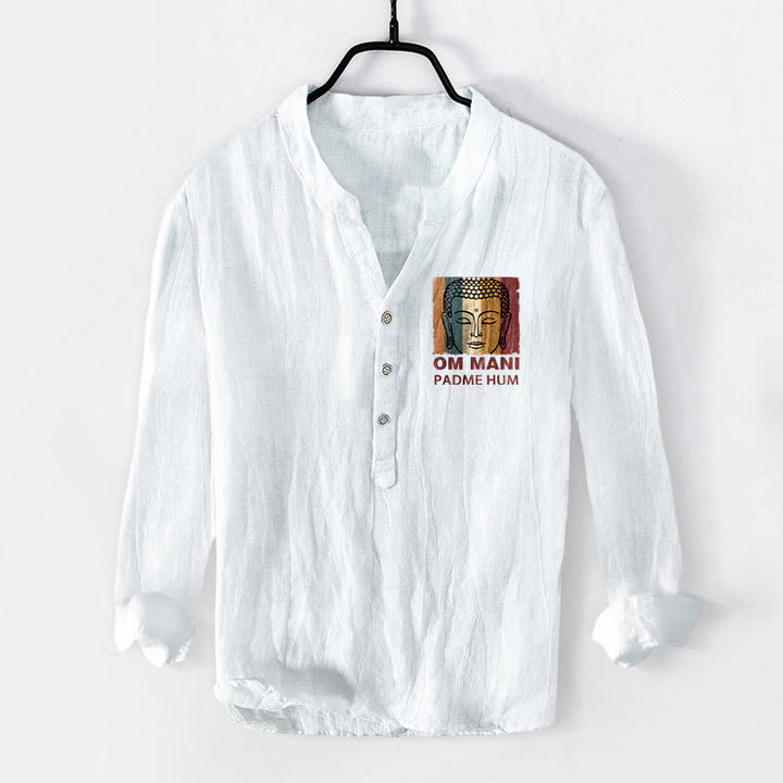 Koszula męska z długim rękawem z bawełny i lnu z motywem Buddy, z półguzikami i Buddha Stones - Biały - US/UK/AU50, EU60 (5XL) - image 6