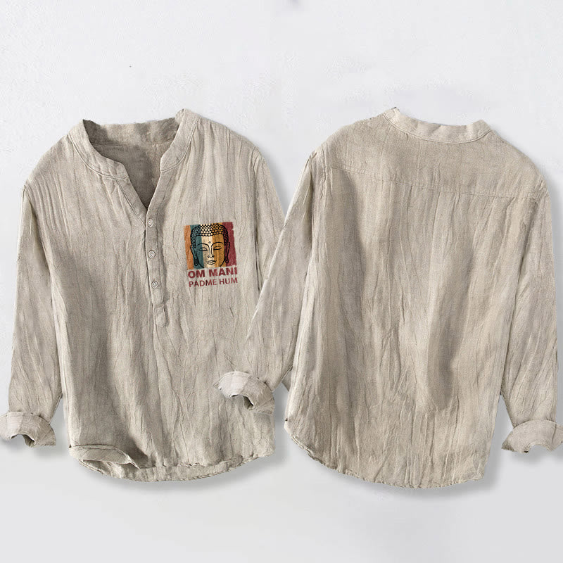 Koszula męska z długim rękawem z bawełny i lnu z motywem Buddy, z półguzikami i Buddha Stones - image 2