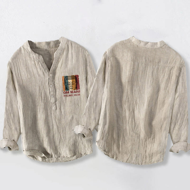 Koszula męska z długim rękawem z bawełny i lnu z motywem Buddy, z półguzikami i Buddha Stones - image 2
