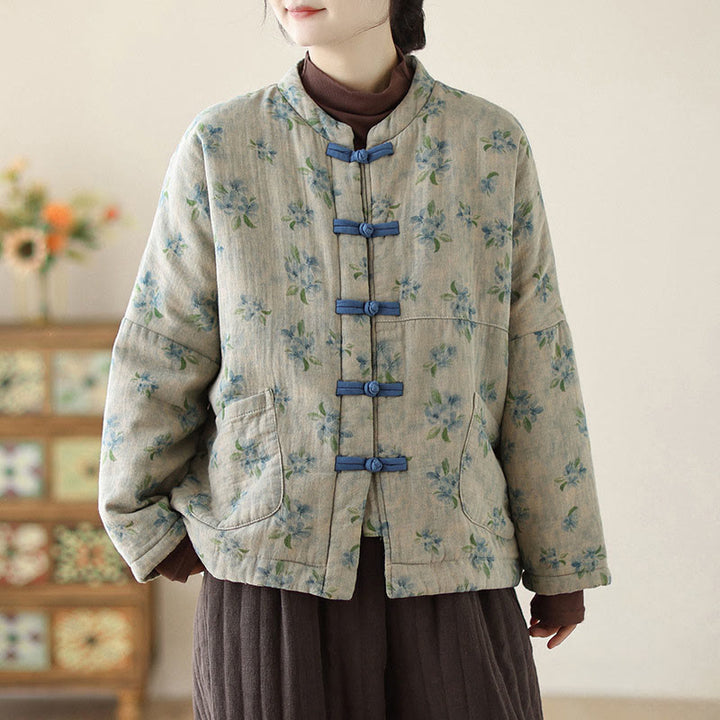 Kurtka damska z długim rękawem i nadrukiem kwiatowym Buddha Stones z bawełny termicznej i kieszeniami - image 15