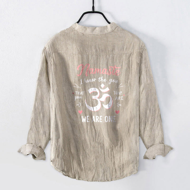 Koszula męska z długim rękawem z bawełny i lnu z motywem Buddha Stones „Namaste, szanuję Cię” z półguzikami i wzorem Om - image 5