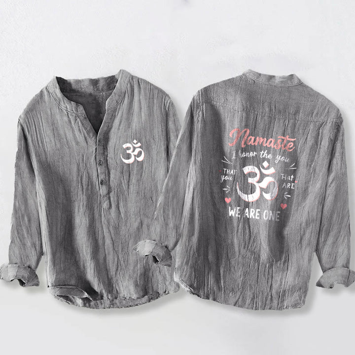 Koszula męska z długim rękawem z bawełny i lnu z motywem Buddha Stones „Namaste, szanuję Cię” z półguzikami i wzorem Om - Szary - US/UK/AU50, EU60 (5XL) - image 6