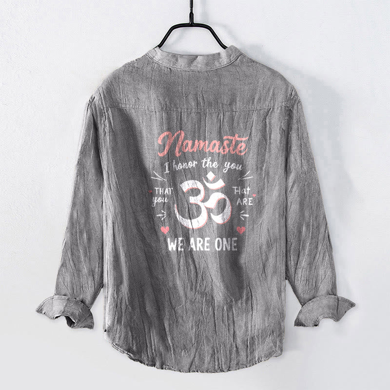 Koszula męska z długim rękawem z bawełny i lnu z motywem Buddha Stones „Namaste, szanuję Cię” z półguzikami i wzorem Om - image 8