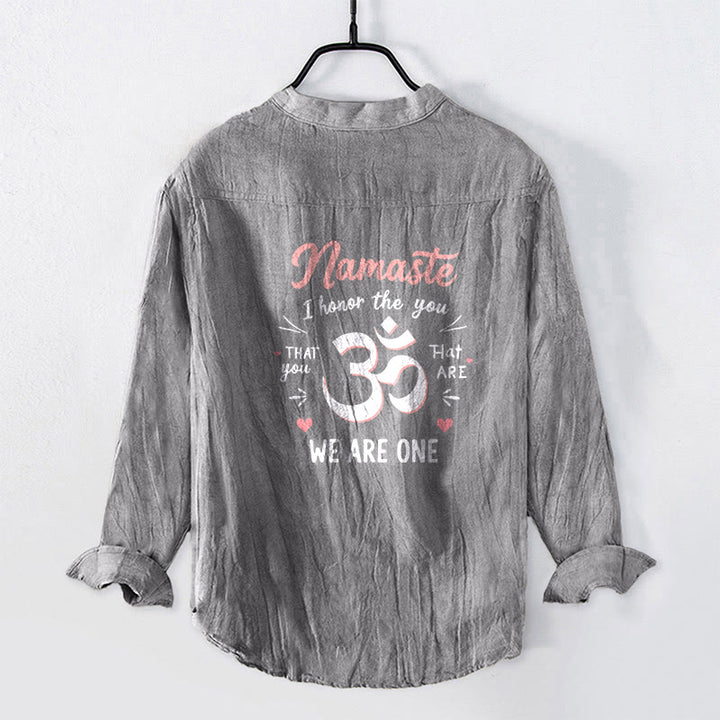 Koszula męska z długim rękawem z bawełny i lnu z motywem Buddha Stones „Namaste, szanuję Cię” z półguzikami i wzorem Om - image 8