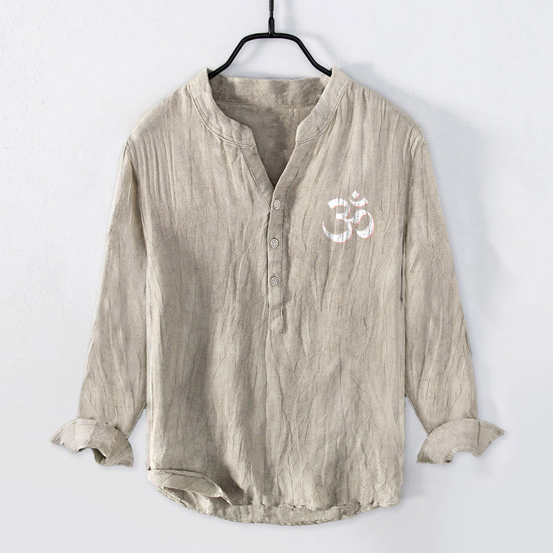 Koszula męska z długim rękawem z bawełny i lnu z motywem Buddha Stones „Namaste, szanuję Cię” z półguzikami i wzorem Om - image 4